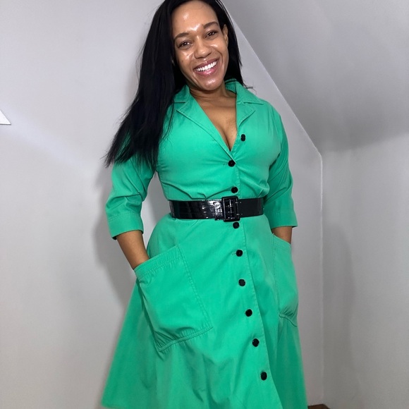 Vintage Green Button-Up Women's Dress A-line Spring Casual Midi Cutesy ILGWU - Picture 10 of 11